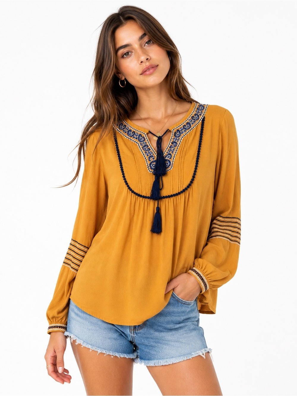 Dex Boho Embroidered Tassel Peasant Blouse Mustard Yellow Size Small